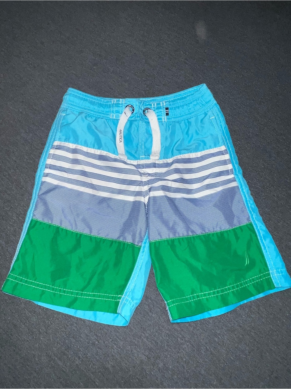 Nautica Boys Blue, Green & White Stripe Swim Trunks